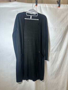 C&A Charmant Black Long Open Front Cardigan with White Trim and Pearl Buttons